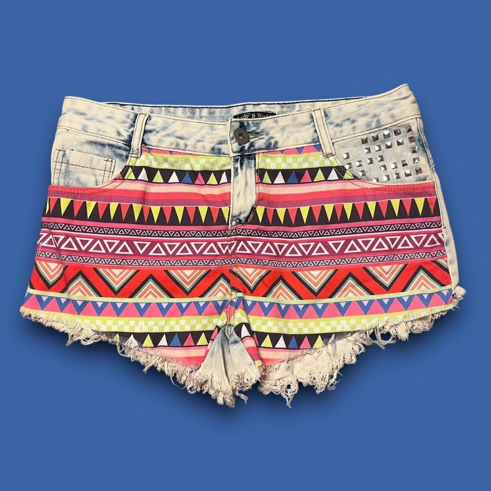 Tribal Studded Denim Mini Shorts Size Large 2016 Tumblr Girl Boho Hippie
